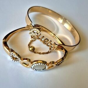 NWOT Gold Bangle Duo - Rhinestone "G" & Cat’s Eye Moonstone Set
